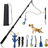 FelRelWel Flirt Pole for Dogs with detachable teaser wand, multiple toys, and carrying bag for active pet play
